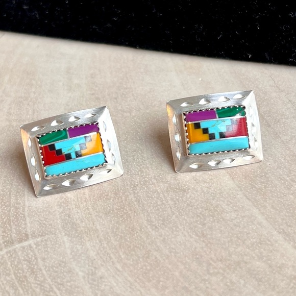 Southwest Style Necklace Earring Set Liquid Silver Semi-Precious Inlay Stones - Picture 11 of 16